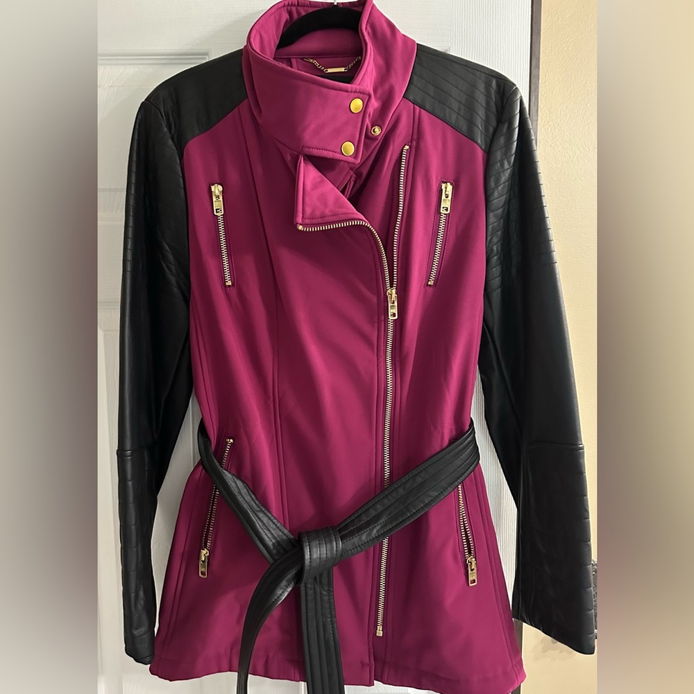 Black Rivet Womens Magenta/Black Full Zip Belted Jacket Sz XXL
